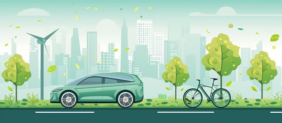 Electric vehicles and bicycles against a backdrop of lush green nature emphasizes eco-friendly modes of transportation, promoting sustainability and environmental awareness.