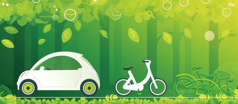 Electric vehicles and bicycles against a backdrop of lush green nature emphasizes eco-friendly modes of transportation, promoting sustainability and environmental awareness.