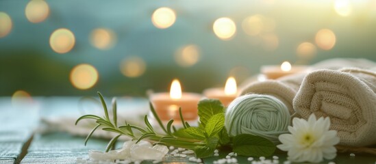Obraz na płótnie Canvas Roll up of towels with candles and flowers for massage spa treatment ,aroma ,healthy wellness relax calm and luxurious atmosphere associated with pampering and well-being healthy skin practices
