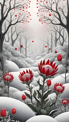 Beautiful protea flowers and red hearts in a mysterious snowy forest