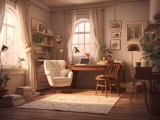 Writer room design. Cozy vintage interior design.