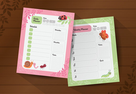 Pink And Green Cute Insect Daily Weekly Planner Template