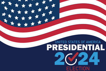 US Election 2024 campaign with USA flag. 2024 presidential election banner. Promo banner for presidential election 2024 with waving USA flag. US Election 2024 campaign
