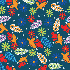 Fototapeta na wymiar allover flowers and leaves colorful blue colored pattern with elegant background amazing flowers pattern to be used in textile designing