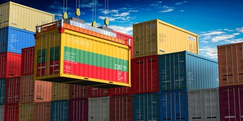 Freight shipping container with flag of Lithuania on crane hook - 3D illustration