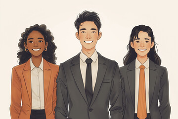 Illustration of Three Diversity Happy Business People on Isolated Background Smiling at Camera. DEI Business Concept