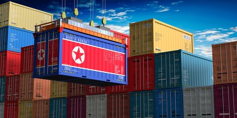 Fototapeta premium Freight shipping container with flag of North Korea on crane hook - 3D illustration