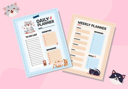 Pink Blue Cute Cat Themed Daily Weekly Planners Template