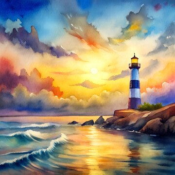 watercolor painting of a lighthouse