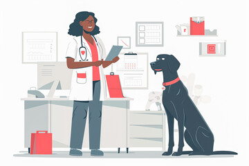 Illustration of Brown Skin Veterinary Woman with Dog. African American Vet Woman at Work. Animal Care Concept
