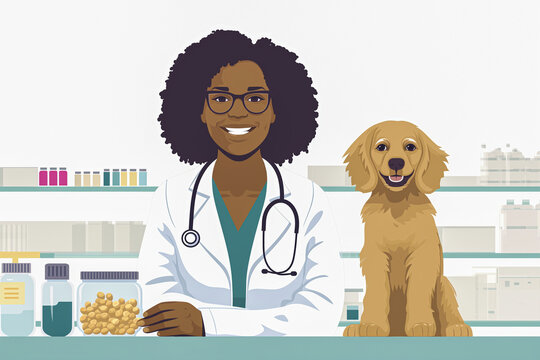 Illustration of African American Veterinary Woman with Puppy Dog. Vet Woman at Work. Animal Care Concept