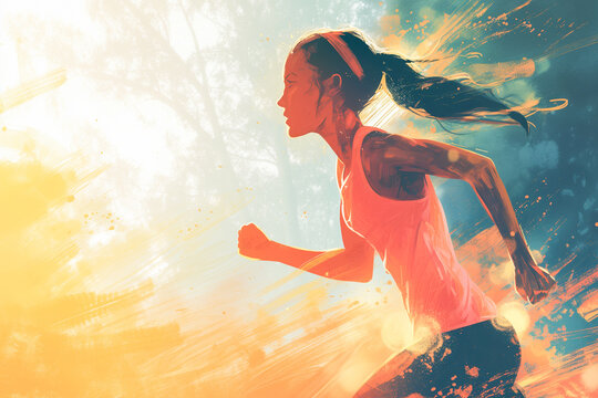 Illustration of Sporty Woman Running Outdoors. Healthy life Concept