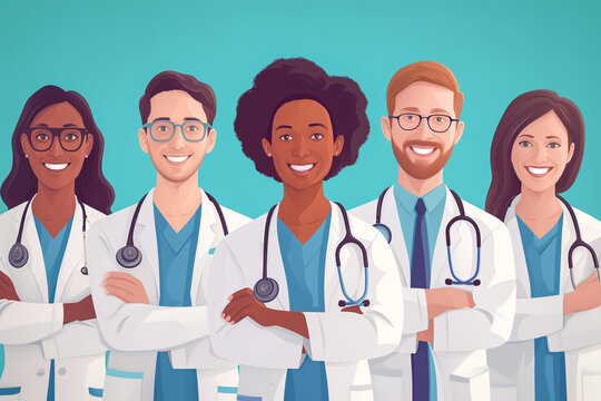 Diversity Group of Doctors Smiling at Camera. Multiracial Women and Men Doctors at Hospital. Healthcare Concept