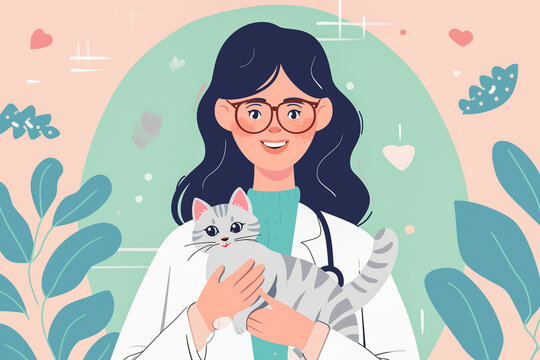 Illustration of Veterinary Woman with Cat. Vet Woman at Work. Animal Care Concept