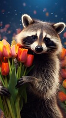 Obraz premium A raccoon holds a bouquet of red and orange tulips in its paws. The background is dark with stars. Concept: Valentine's Day.