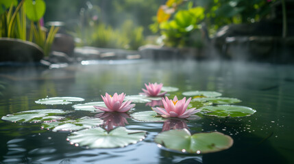 Tranquil Dawn  Water Lilies in Serene Pond
