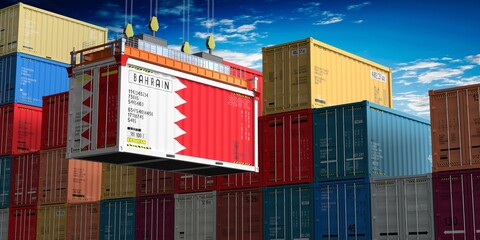 Freight shipping container with flag of Bahrain on crane hook - 3D illustration