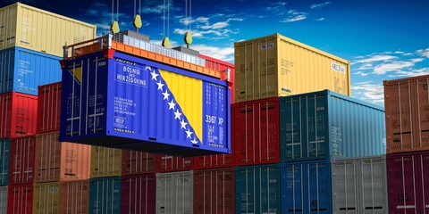Fototapeta premium Freight shipping container with flag of Bosnia and Herzegovina on crane hook - 3D illustration