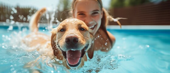 A young girl and her dog share a tender moment in the sparkling blue waters of the swimming pool. Happy child with his pet dog in a swimming pool. Generative ai