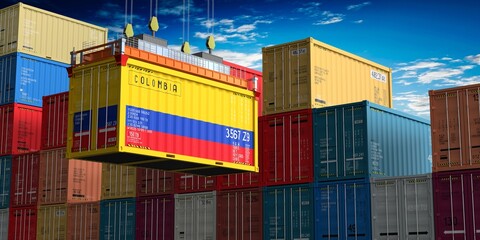 Freight shipping container with flag of Colombia on crane hook - 3D illustration