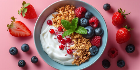healthy breakfast bowl with yogurt, ingredients granola, fruits and berries, top view, pink color background. - obrazy, fototapety, plakaty