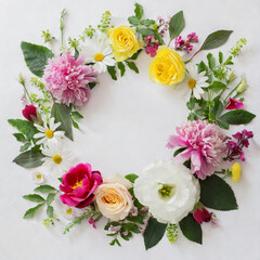 Flat lay spring floral composition. Top view wreath made of colorful flowers on white background