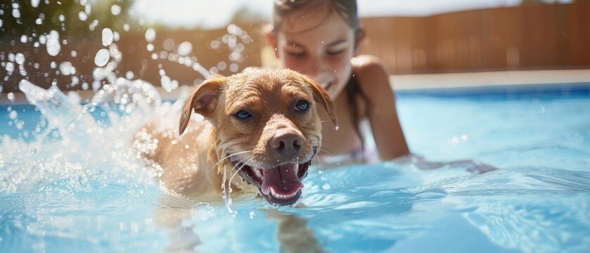 A young girl and her dog share a tender moment in the sparkling blue waters of the swimming pool. Happy child with his pet dog in a swimming pool. Generative ai