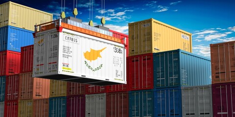 Freight shipping container with flag of Cyprus on crane hook - 3D illustration © PX Media