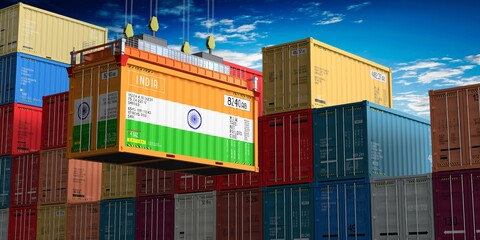 Freight shipping container with flag of India on crane hook - 3D illustration © PX Media