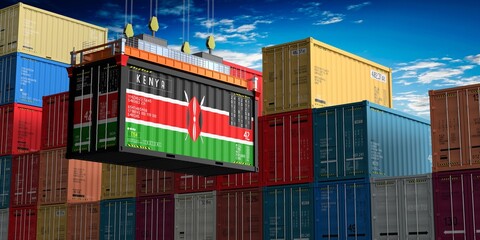 Fototapeta premium Freight shipping container with flag of Kenya on crane hook - 3D illustration