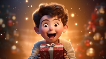 Fototapeta na wymiar A cartoon boy is holding a red gift box with a gold bow. He has short brown hair and wide eyes. The background is orange with lights.