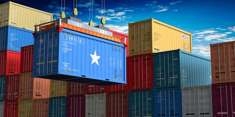 Freight shipping container with flag of Somalia on crane hook - 3D illustration