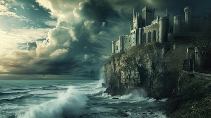 A historic medieval castle on a cliff, ocean waves crashing below, dramatic sky, knights and horses, period architecture. Resplendent. - Powered by Adobe