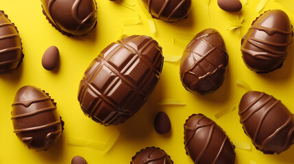 Fototapeta premium A colorful array of chocolate eggs adorned with festive ribbons and bows, nestled together in a vibrant display, evoking the spirit of Easter celebrations.
