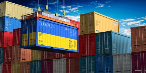 Freight shipping container with flag of Ukraine on crane hook - 3D illustration © PX Media