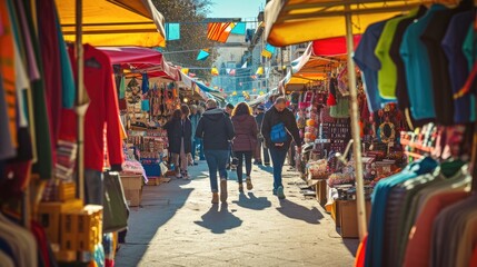 Visitors wander among colorful stalls under a blue sky in an outdoor market, exploring a variety of local goods and souvenirs. Resplendent. - obrazy, fototapety, plakaty