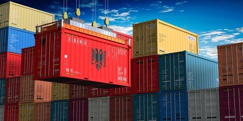 Fototapeta premium Freight shipping container with flag of Albania on crane hook - 3D illustration