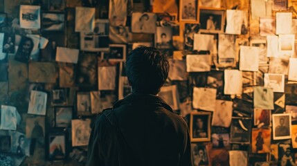A man with black hair and a black jacket stands in front of a wall hung with old photographs and... The wall is illuminated with yellow light.