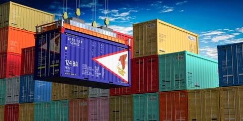 Freight shipping container with flag of American Samoa on crane hook - 3D illustration