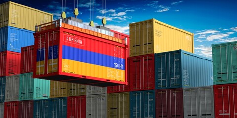 Freight shipping container with flag of Armenia on crane hook - 3D illustration