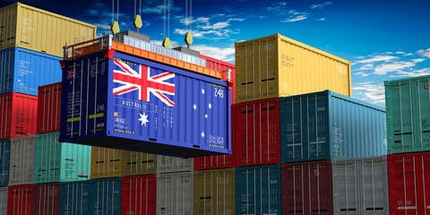 Freight shipping container with flag of Australia on crane hook - 3D illustration © PX Media