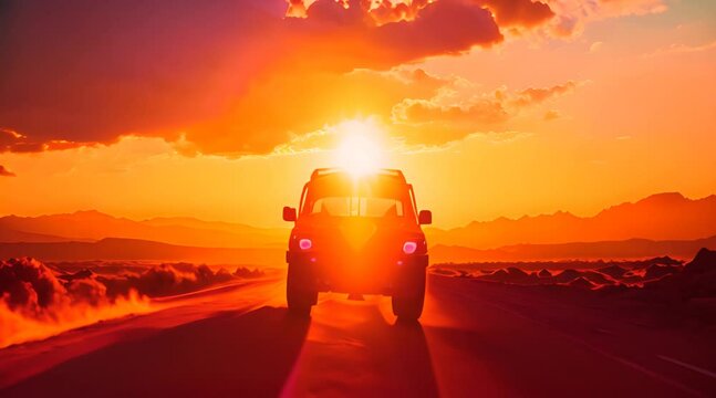 freedom of the open road as a car cruises into the warm hues of a sunset, silhouette of the vehicle against the sky signifies the beginning of a road trip filled with exploration