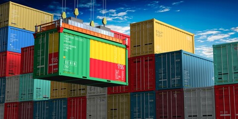 Freight shipping container with flag of Benin on crane hook - 3D illustration