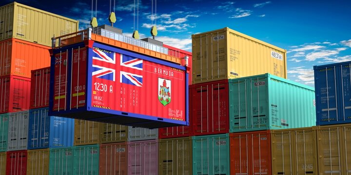 Freight shipping container with flag of Bermuda on crane hook - 3D illustration