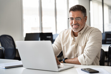 Happy smiling mature Indian or Latin business man ceo trader using computer, typing, working in...