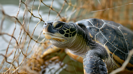 A turtle caught in a fishing net highlights the problem of marine life affected by human waste