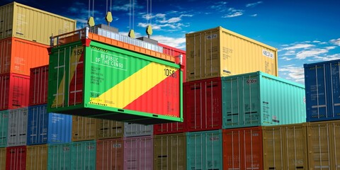 Fototapeta premium Freight shipping container with flag of Republic of the Congo on crane hook - 3D illustration