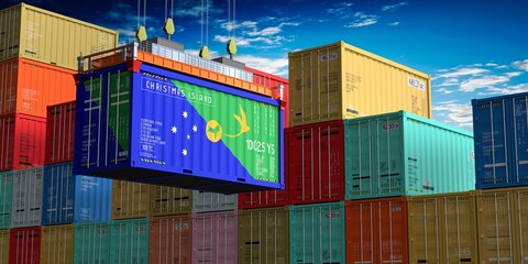 Fototapeta premium Freight shipping container with flag of Christmas Island on crane hook - 3D illustration
