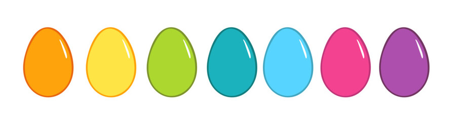 color eggs set. Symbol of Easter holiday. Vector bright rainbow colors eggs. Restaurant, cafe menu, holiday decoration, poster, greeting card, sticker, easter holiday egg hunt.