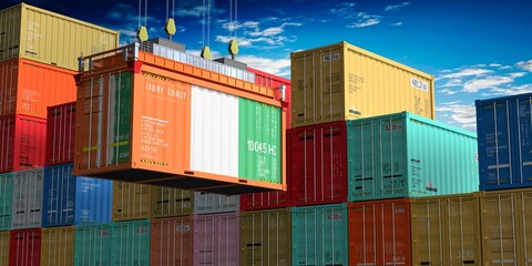 Fototapeta premium Freight shipping container with flag of Ivory Coast on crane hook - 3D illustration
